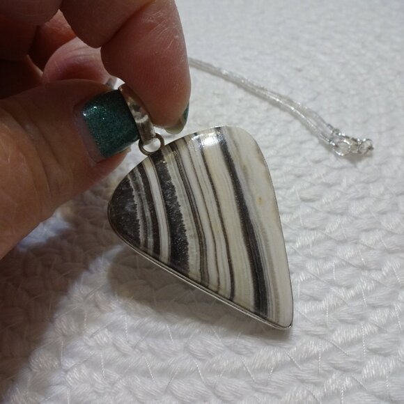 Natural ZEBRA CALCITE Handmade Sterling 925 Pendant/Chain #705C - Picture 1 of 3
